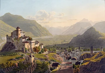 Vista de Sion, ilustración de Voyage Pittoresque de Genève à Milan, publicado en Basilea, 1819